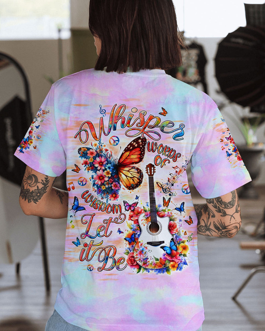 Whisper Words of Wisdom Let It Be Hippie Floral Butterfly Guitar Tie Dye AOP Shirts _1_ S2894