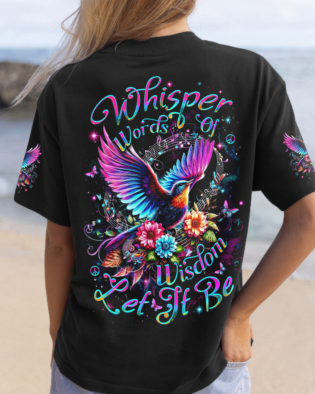 Whisper Words of Wisdom Let It Be Hippie Spiritual Bird and Flower AOP Shirts _1_ WhQcC