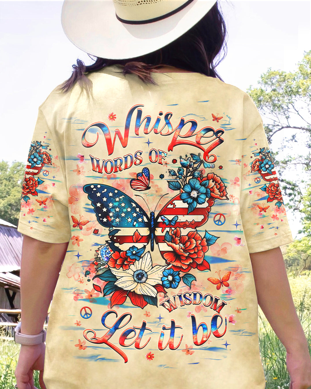 Whisper Words of Wisdom Let It Be Patriotic Butterfly and Floral Peace Sign AOP Shirts _4_ OW6Ps