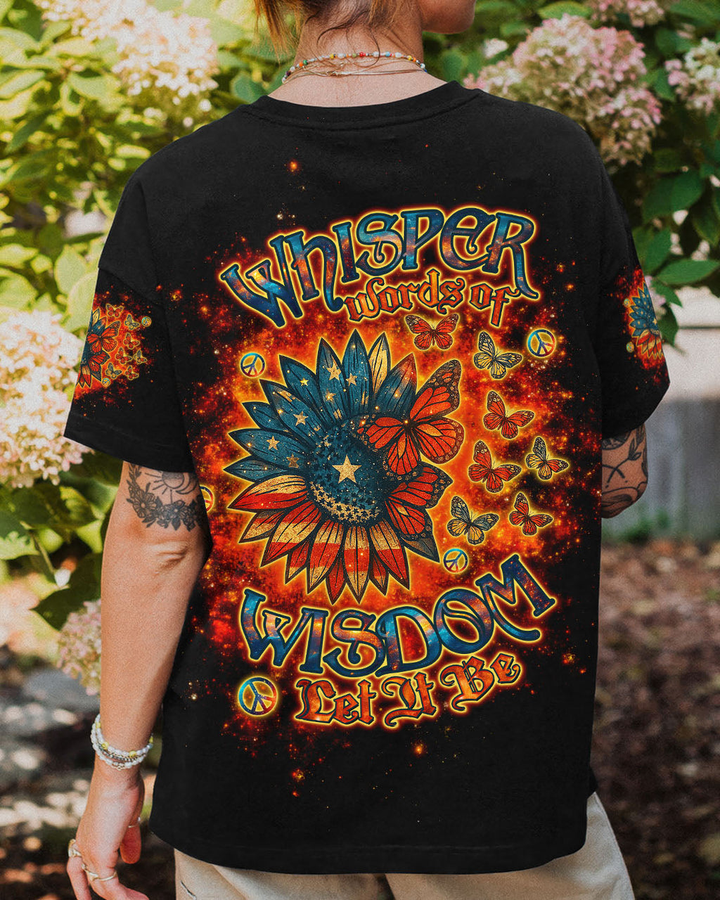 Whisper Words of Wisdom Let It Be Sunflower Retro Butterfly AOP Shirts _1_ bT2NJ