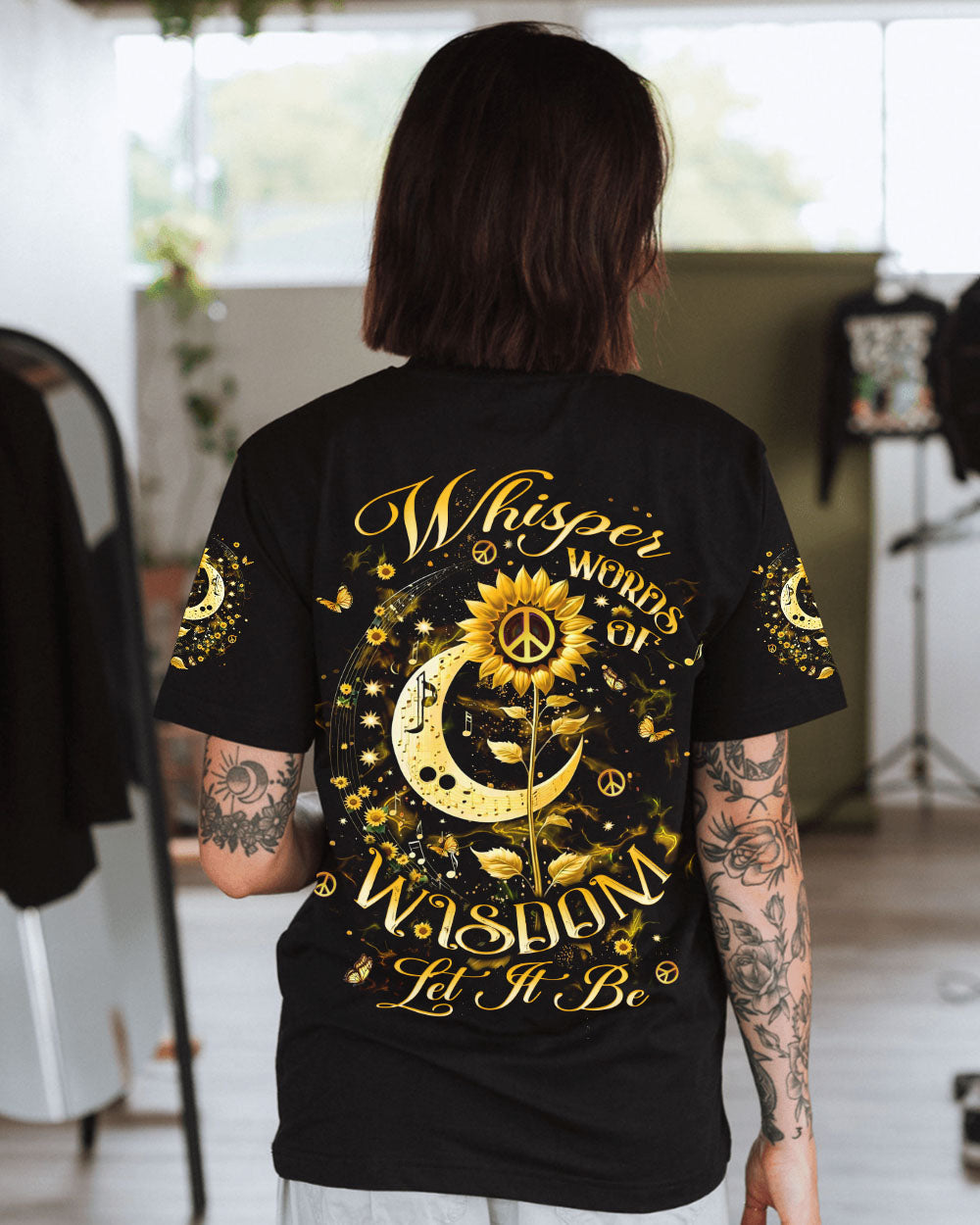Whisper Words of Wisdom Let It Be Sunflower and Moon Hippie Style AOP Shirts _1_ hABXa