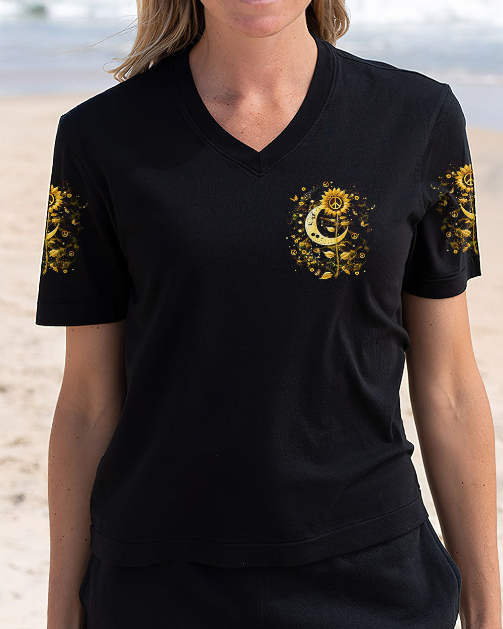 Whisper Words of Wisdom Let It Be Sunflower and Moon Hippie Style AOP Shirts _4_ ueLdh
