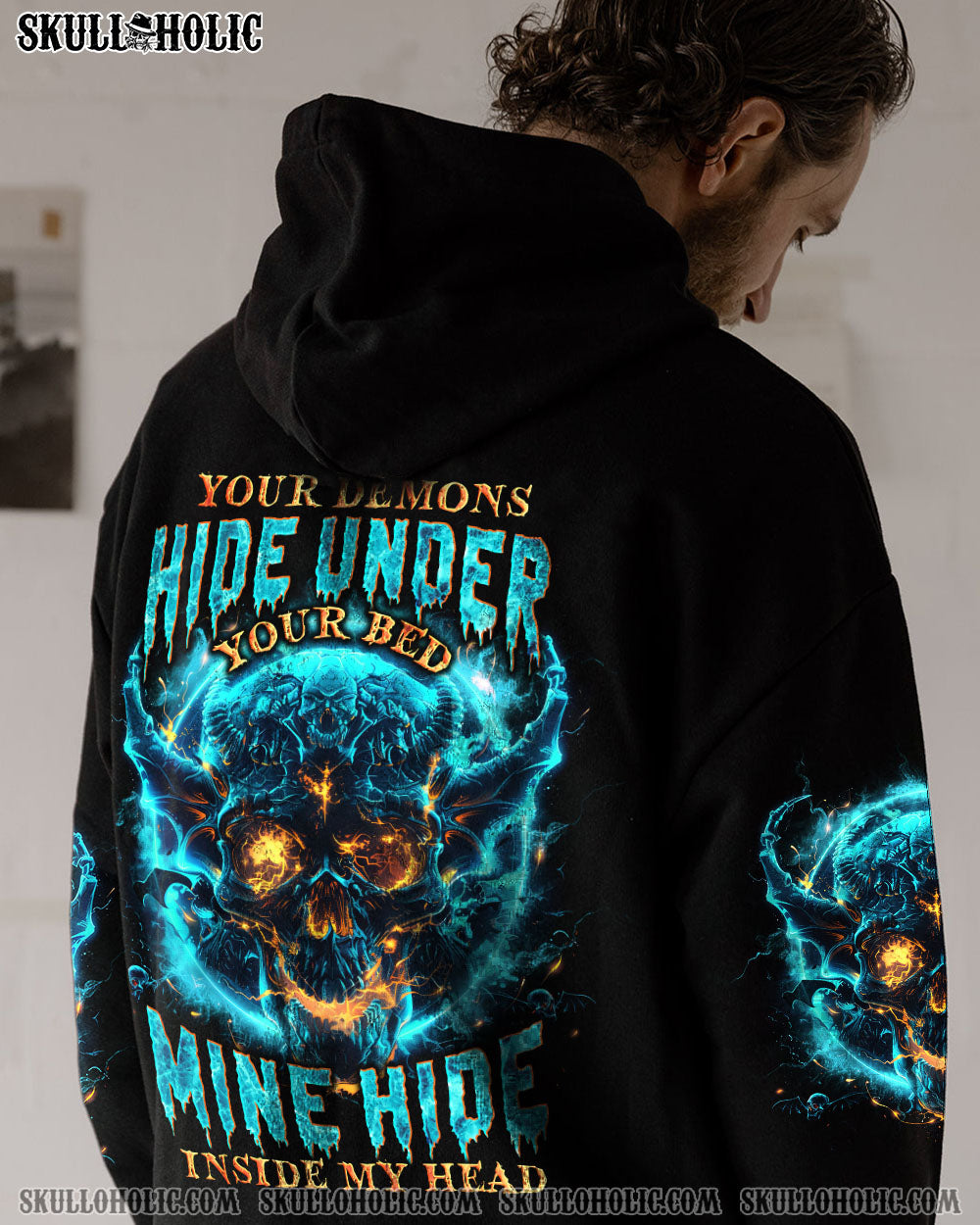 Your Demons Hide Under your Bed Mine Hide in My Head Blue Flame Skull Gothic AOP Shirts _11_ 2HKUo