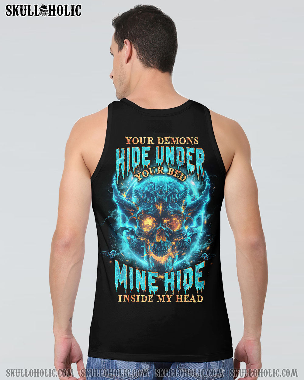 Your Demons Hide Under your Bed Mine Hide in My Head Blue Flame Skull Gothic AOP Shirts _16_ BIbIa