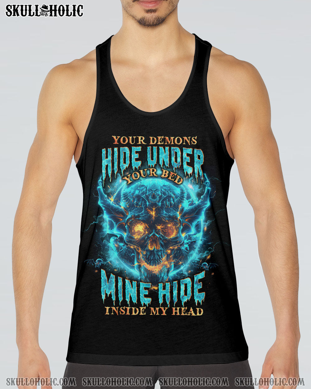 Your Demons Hide Under your Bed Mine Hide in My Head Blue Flame Skull Gothic AOP Shirts _17_ JbExb