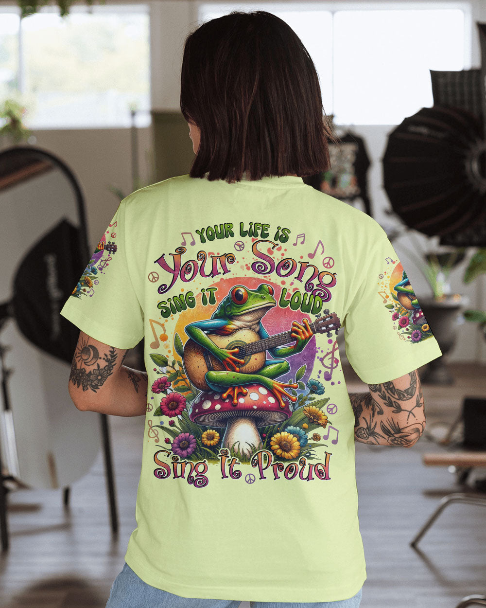 Your Life Is Your Song Sing It Loud Sing It Proud Frog Hippie Guitar Floral AOP Shirts _1_ gm8m6