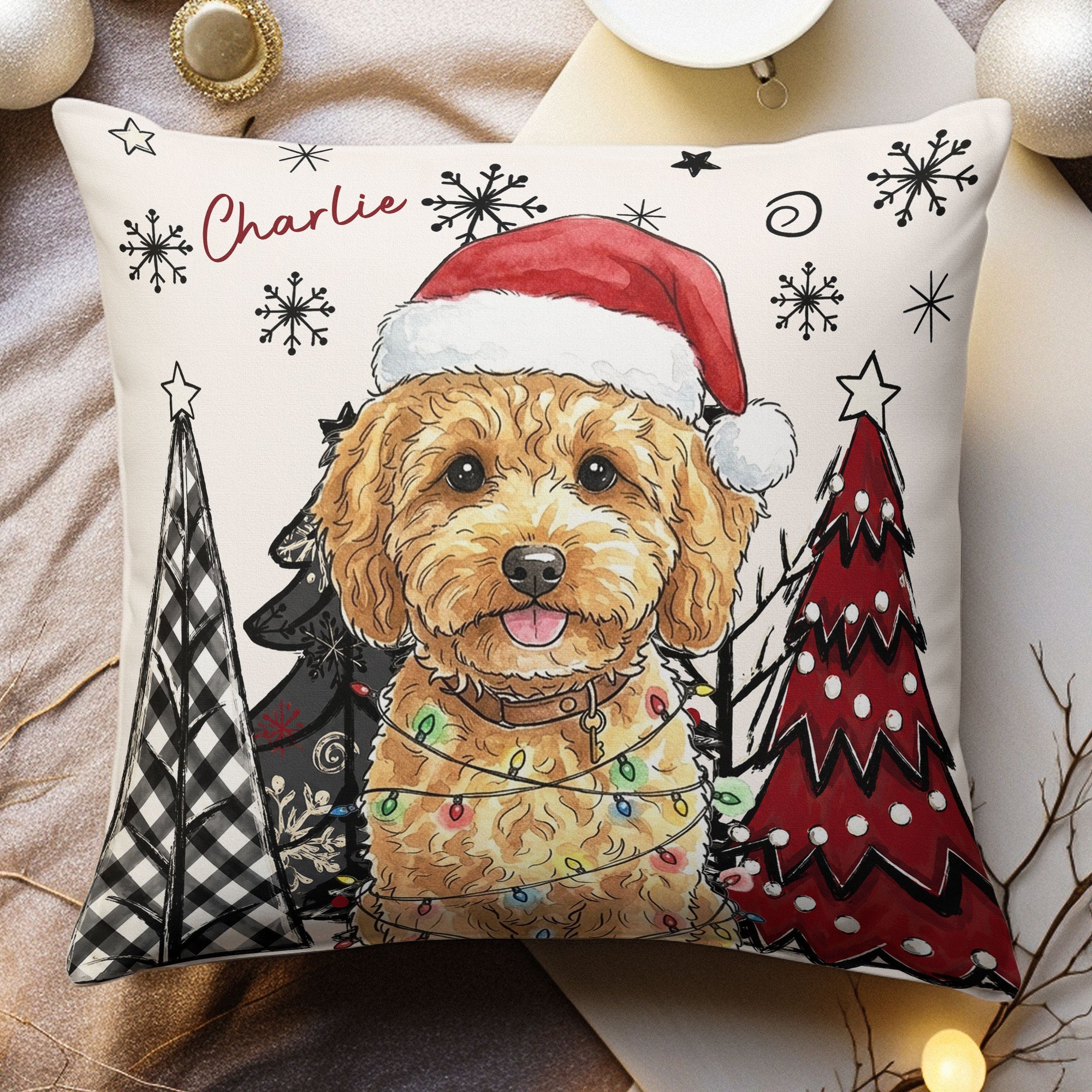 custom pet photo watercolor art christmas winter decor gift personalized pillow 2