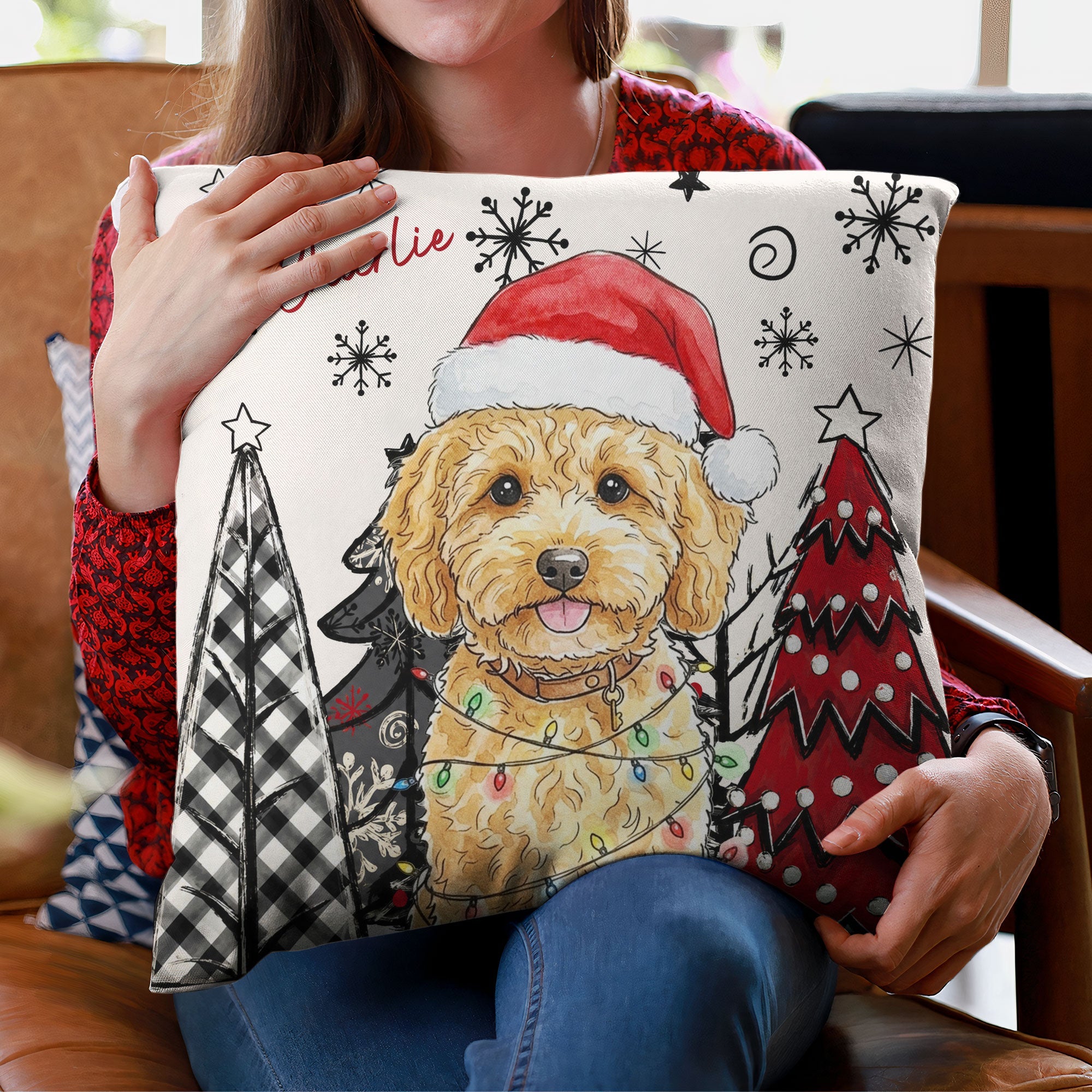 custom pet photo watercolor art christmas winter decor gift personalized pillow 3