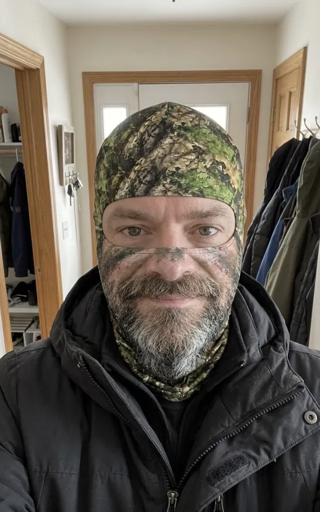 A man wearing a camouflage hood and face covering with a beard print