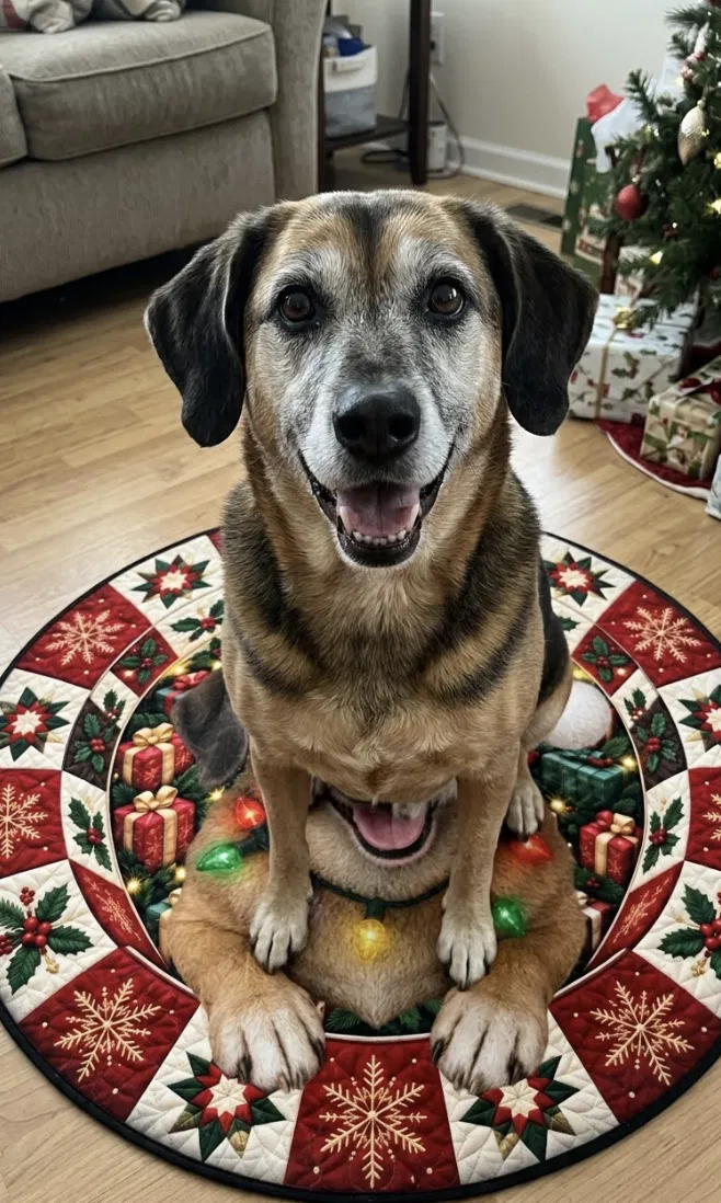 A dog sitting on a round Christmas mat featuring its portrait